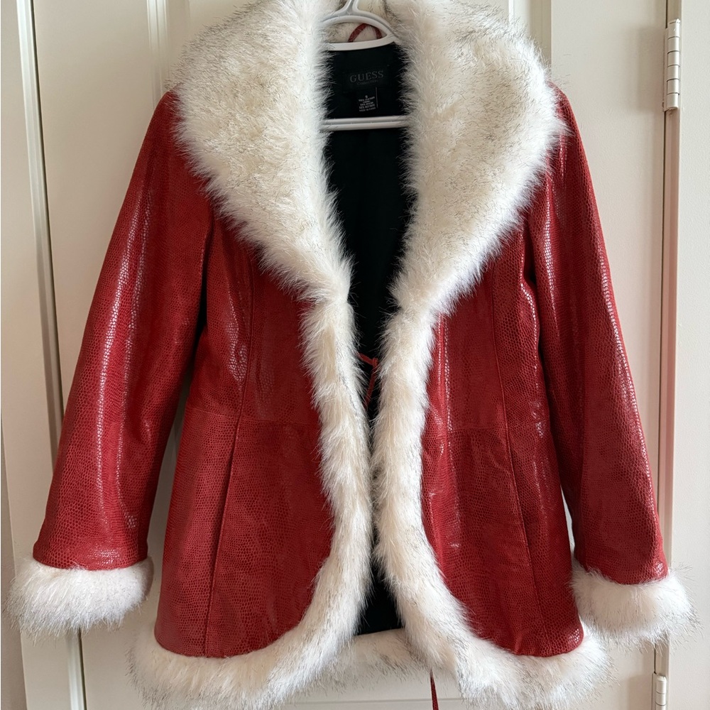Guess valentine Red Leather Jacket with White Faux Fur Trim